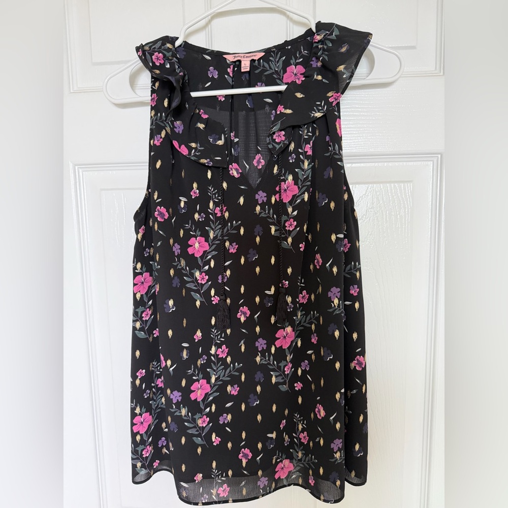 Juicy Couture Black Floral Top with Pink and Purple Accents